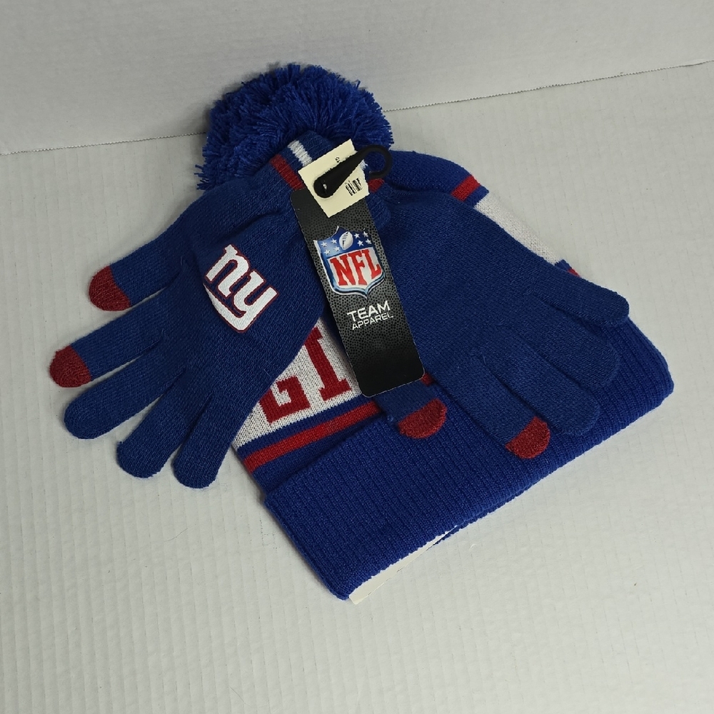 Womens NFL Blue and Red New York Giants Cuffed Knit Pom Pom Beanie Hat Glove Set